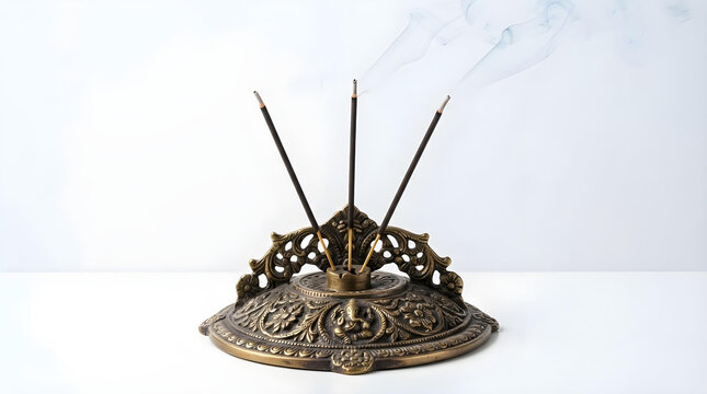 Brass incense holder with incense sticks and gentle smoke, isolated on pure white background, white background,