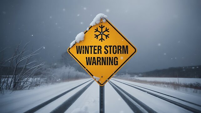 A yellow winter storm warning road sign covered in snow, standing on a desolate, icy road during a heavy blizzard in the cold winter season