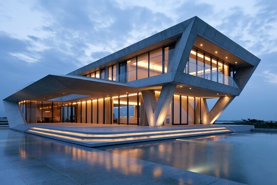 洗練されたコンクリート豪邸水面に反射するモダン建築の夜景
