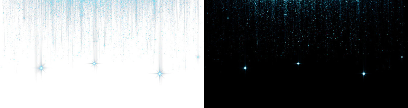 Abstract glowing blue Christmas dust curtain on white and black background, holiday sparkle rain overlay. Subtle festive glitter waterfall pattern, realistic twinkling dust lens flare template PNG