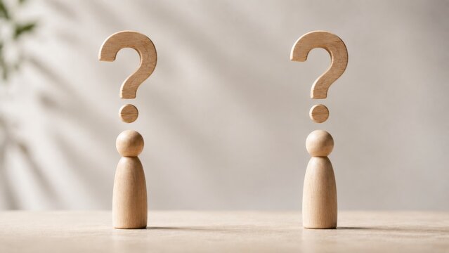 Wooden figures standing under large question marks representing uncertainty and confusion ideas.