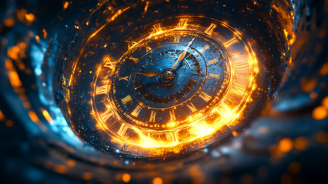 Abstract Glowing Fiery Clock Portal In Vortex With Floating Sparks Roman Numerals And Time Travel Theme