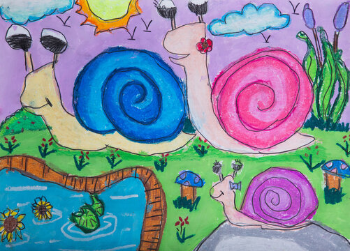 Colorful Snail Garden Childlike Crayon Illustration