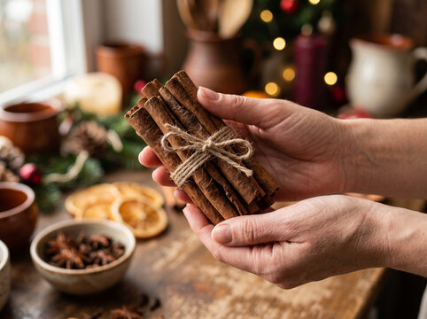 Hands Holding Bundle of Cinnamon Sticks Tied with Jute Twine