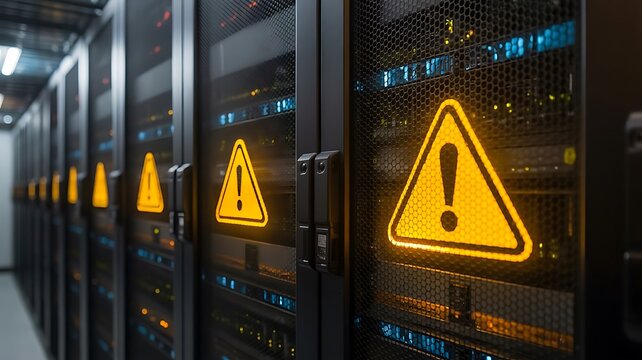 Row of black server rack cabinets in a modern data center, each featuring a glowing yellow warning triangle signifying a critical system alert