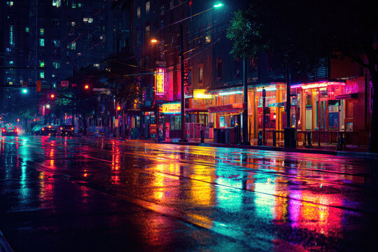 The neon reflections flooded the city street at night.