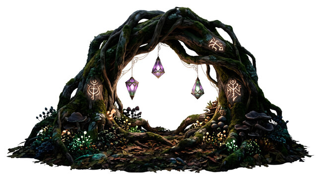 Mystical Enchanted Tree Root Portal with Glowing Runes and Crystal Lanterns