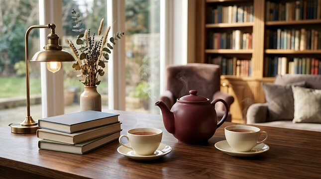 Teapot and two cups rest on a dark wooden library desk next to a stack of vintage books and a glowing lamp.