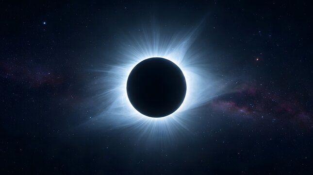 Stunning total solar eclipse with a glowing corona visible against the dark night sky in space