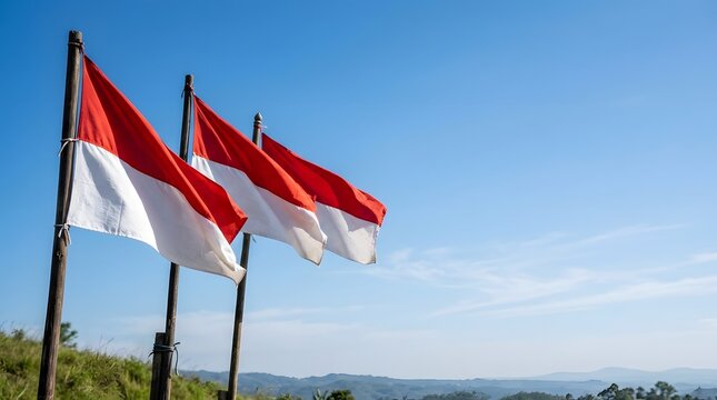 Three indonesian flags waving proudly against a bright clear blue sky on a sunny day in indonesia