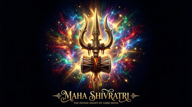 Glowing golden trishula of lord shiva with vibrant colorful cosmic energy background for maha shivaratri festival celebration