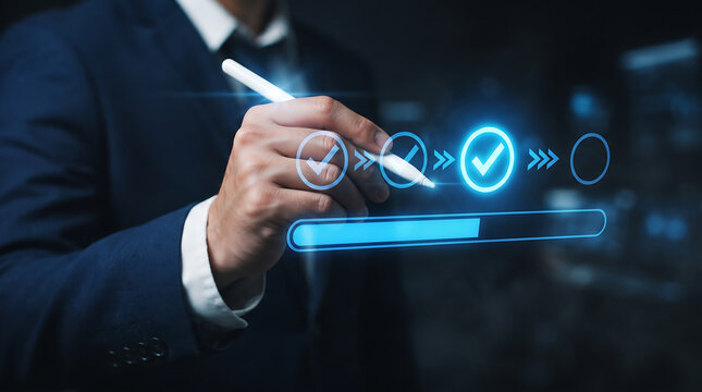 Businessman hand points to visual screen with document management system dms and paperless office concept on laptop computer to manage files business technology.