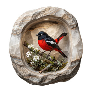Small scarlet robin bird perched on a flowering branch inside a decorative stone frame isolated on transparent background