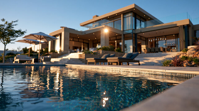 View of a swimming pool in front of a modern house against a bright clean clear sky crisp daylight scene swimming pool modern house clear sky poolside exterior residential