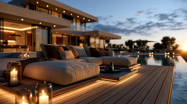 Sectional sofa at the poolside of a luxury house under a bright clean sky crisp daylight scene sectional sofa poolside furniture luxury house outdoor lounge residential