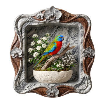 Colorful small parrot sitting on a branch in an ornate vintage picture frame with white flowers isolated on transparent background