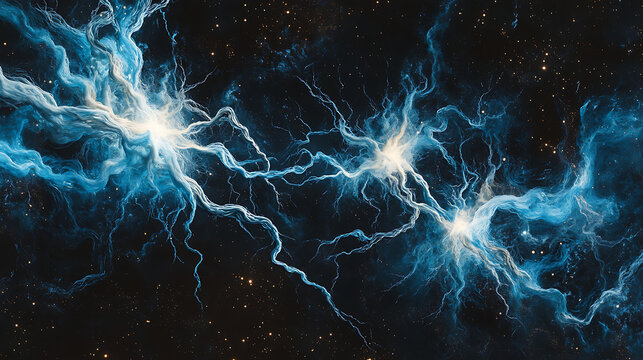 Abstract Glowing Electric Blue Lightning Bolt Spark Energy Network Motion Background On Dark Space Universe