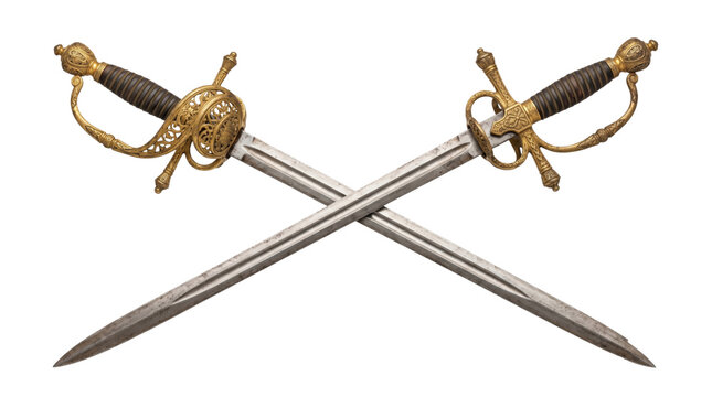 Two ornate antique swords crossed against a white background, featuring engraved gold guards and aged steel blades