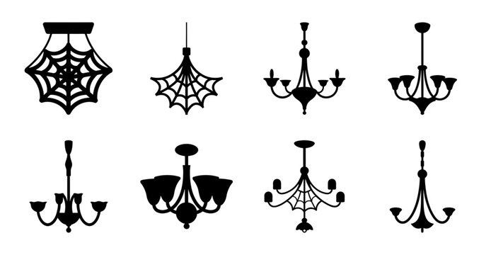 Black elegant chandelier and wall light designs - Stylish black chandeliers and wall lights in a clean, minimalist vector style perfect for interior design projects.