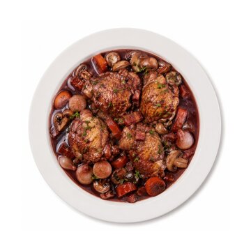Coq au Vin auf wei&szlig;em Teller &ndash; Franz&ouml;sisches Huhn in Rotweinsauce mit Champignons, Speck und Gem&uuml;se, traditionell zubereitet, beliebt und freigestellt auf hellem Hintergrund.