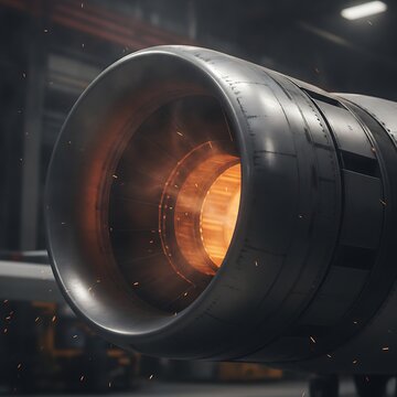 Glowing jet engine intake of a commercial aircraft being serviced in a dimly lit maintenance hangar with flying sparks