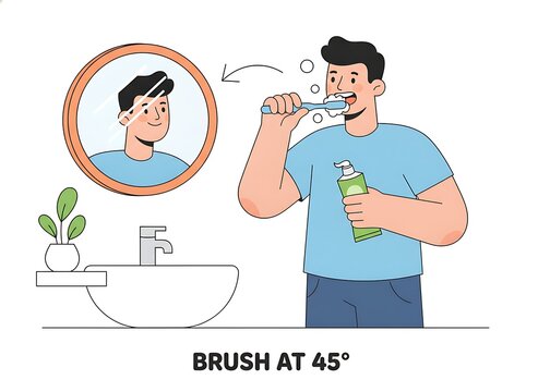 Instructional vector illustration of a man brushing his teeth at a 45 degree angle in front of a bathroom mirror for proper oral hygiene