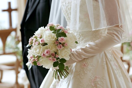 教会での結婚式で白いバラのブーケを持つウェディングドレスの花嫁