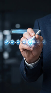 Corporate worker pointing stylus at glowing blue process icons representing business automation and quality control steps on futuristic holographic dashboard for efficient work.