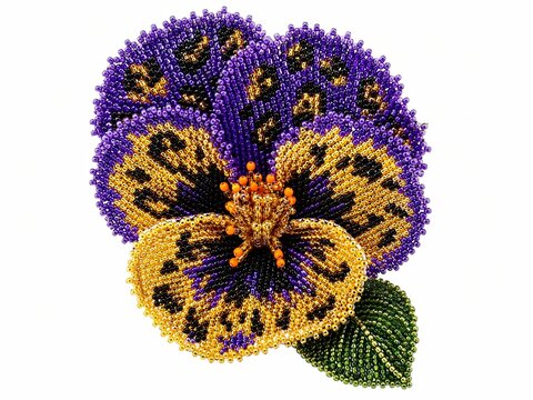 Beaded pansy flower brooch with purple and yellow animal print isolated on white