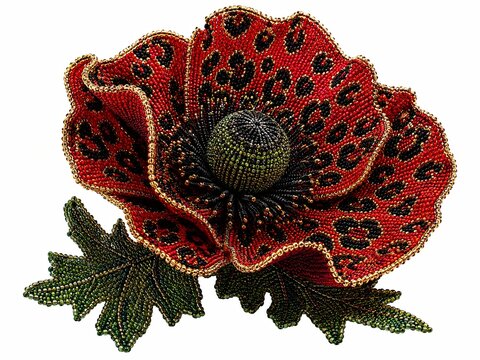 Beaded poppy flower brooch with red leopard print and green leaves on white background