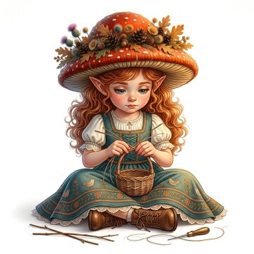 Little mushroom elf girl sitting on ground weaving wicker basket isolated on white background
