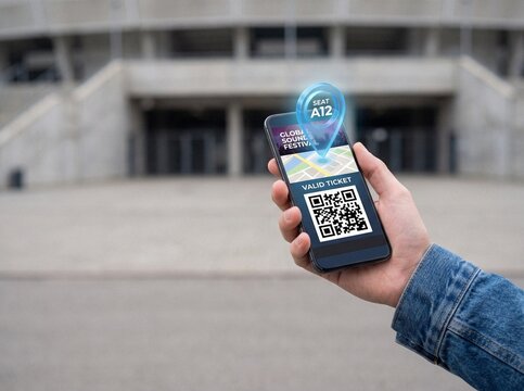 Hand holding smartphone with digital concert ticket and holographic AR seat locator pin in front of blurred stadium entrance