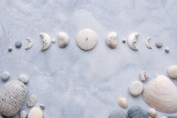 Obraz premium Various seashells and small stones are arranged on a light blue, textured surface.