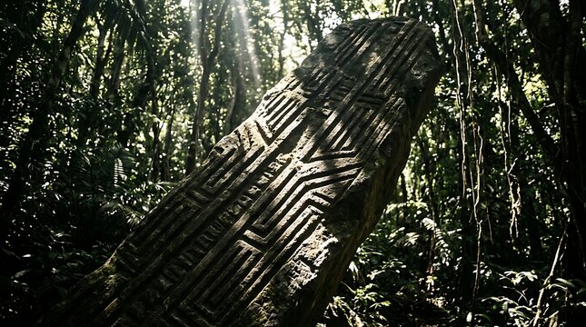 Ancient carved monolith standing in a dense sunlit jungle