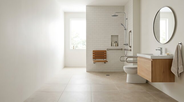 Modern bright accessible bathroom with walk in shower and grab bars