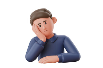 Bored man resting head on hand. 3D character feeling tired or frustrated at work.