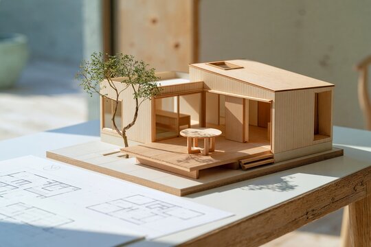 理想の家を描く精巧な木材建築模型と設計図面