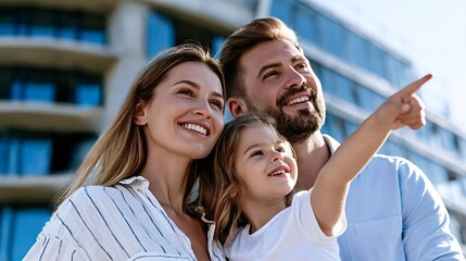 Obraz premium Young family looking at new home pointing finger