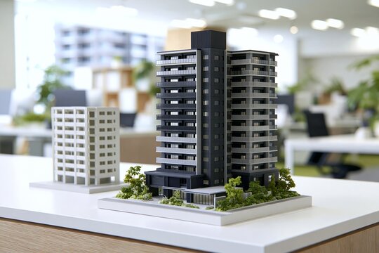 精巧なマンション建築模型が並ぶオフィス風景