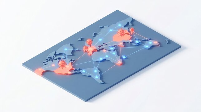 Measles Virus Global Outbreak Concept with Isometric World Map and Connected Network Nodes
