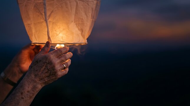 Elderly hands holding a glowing sky lantern at night