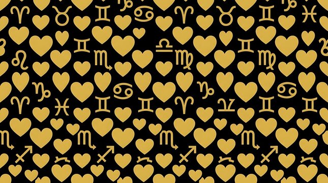 Seamless pattern with gold zodiac signs and hearts on black