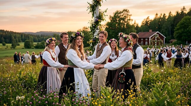 People dancing in traditional clothing during midsummer celebration