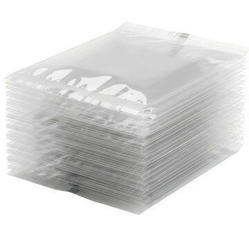 Transparent plastic mailer bags stacked on white background, clear poly shipping envelopes for ecommerce, waterproof packaging supplies for retail