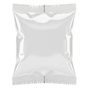 Blank white snack bag mockup, glossy plastic food packaging sachet, realistic foil pouch for chips or candy branding on white background