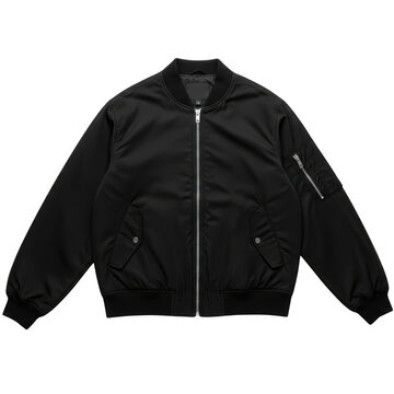 Black bomber jacket mockup, classic flight jacket with silver zipper, urban streetwear apparel isolated on white background
