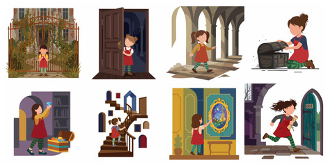 Little Girl Exploring Mystery Mansion and Finding Treasure Illustration Set