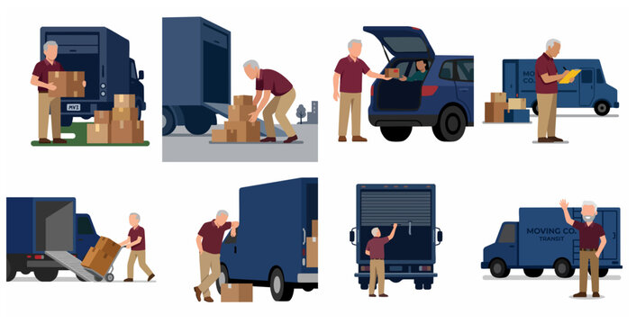 Set of illustrations of a senior male professional mover or delivery driver loading boxes into a transport truck, using a hand truck, and providing logistics services.