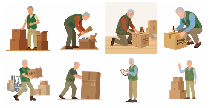 Set of flat vector illustrations of a senior man packing, labeling, and moving cardboard boxes for relocation or warehouse work.