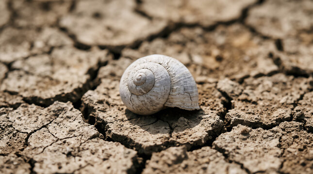Dry snail shell on cracked parched earth symbolizing climate change